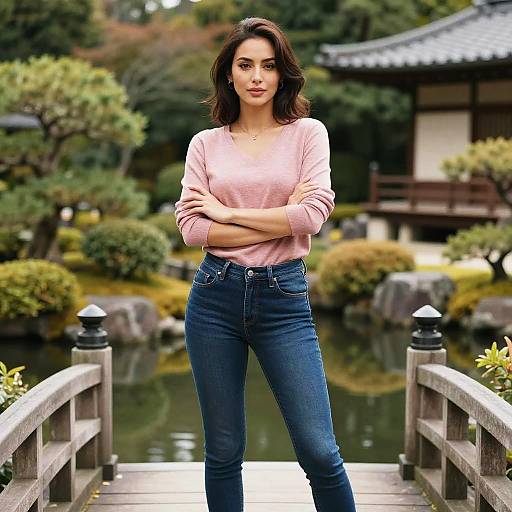 Woman Standing on Bridge in Japanese Garden