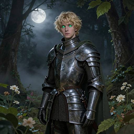 Photorealistic CGI of a young, blonde, green-eyed knight in shiny, detailed armor standing in a moonlit forest, surrounded by white flowers and