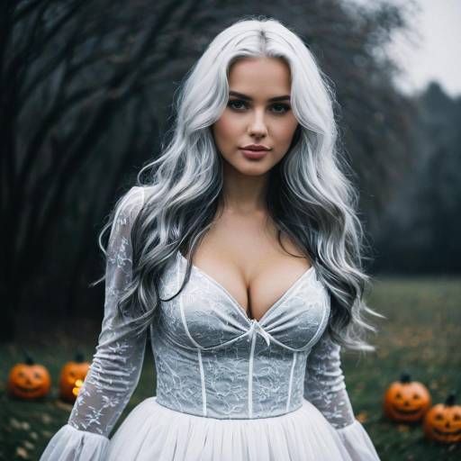 Woman in White Lace Dress with Silver Hair at Halloween