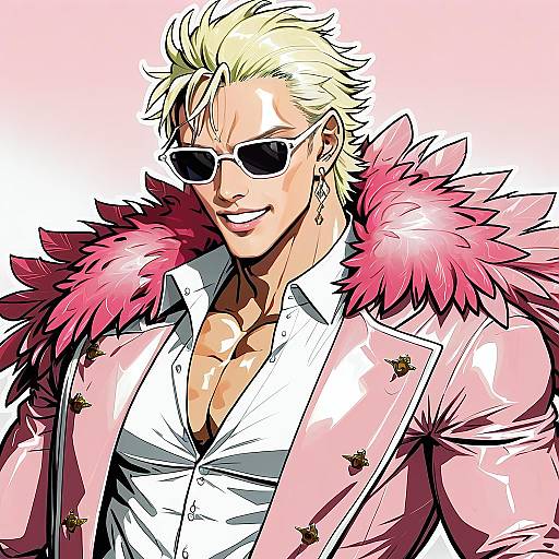 Illustration of Donquixote doflamingo, one piece in the style of Shirogane (platinum)