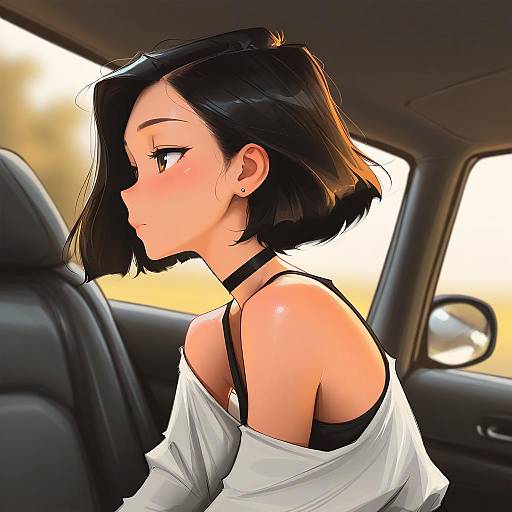 Anime Girl Sitting in Car
