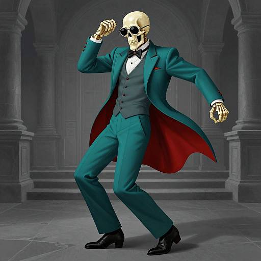 CGI illustration of a skeleton in a teal suit, red-lined coat, black bow tie, and sunglasses, striking a dynamic pose in a Gothic arch