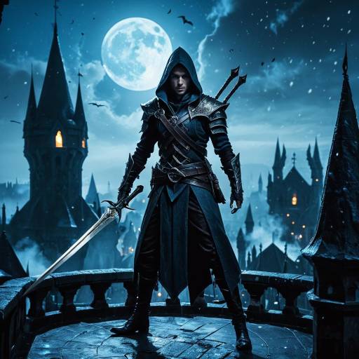 Shadowy Assassin Elf on Gothic Rooftop