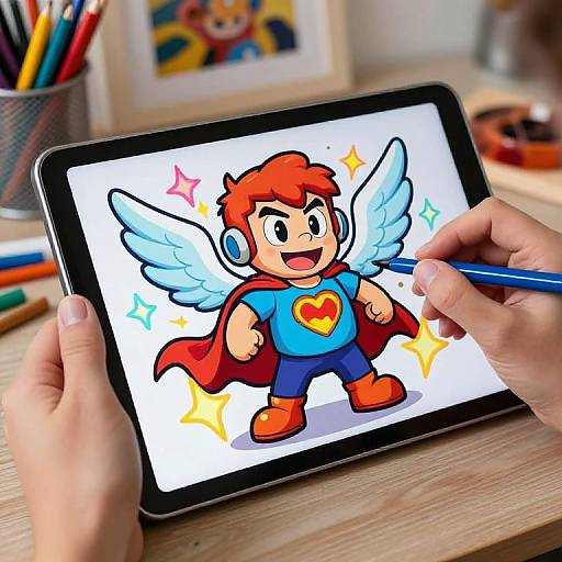 Photograph of hands drawing a cartoon angel-boy with red hair, blue shirt, and red cape on a tablet. Background: colorful pencils, framed picture