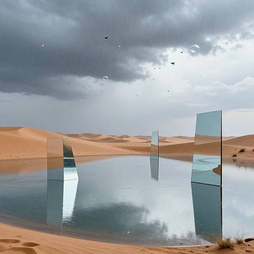 Photograph of a surreal desert landscape with reflective glass panels in a calm water pool, under a dramatic cloudy sky.