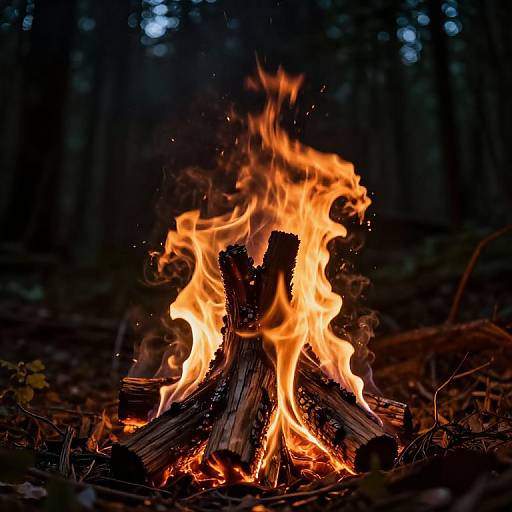 Photograph of a vibrant, orange campfire with dynamic flames, surrounded by dark forest background, with logs stacked at the center.