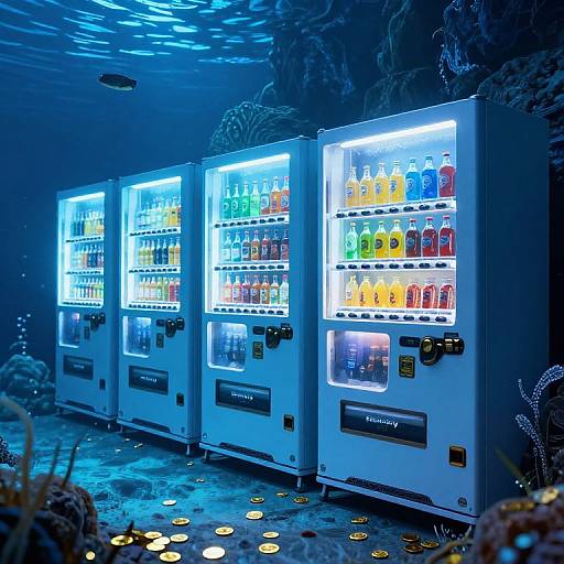 Photograph of four illuminated vending machines displaying colorful beverages, set in a dimly lit, underwater-themed environment with blue lighting and scattered gold coins on the
