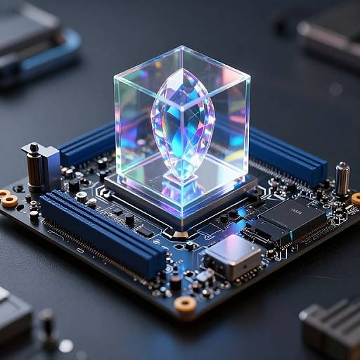 Photorealistic CGI of a glowing, transparent crystal cube on a blue, circuit-board microchip, with intricate electronic components surrounding it.