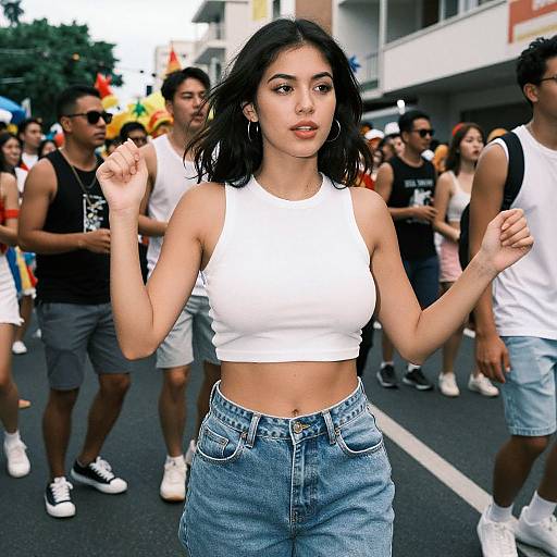 Photograph of a confident young woman with medium skin tone, black hair, wearing a white crop top and high-waisted jeans, dancing in a