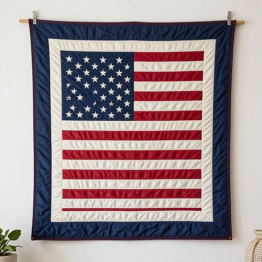 Photograph of a quilted American flag with white stars on a blue square, red and white stripes, bordered in navy, hanging on a wooden clip