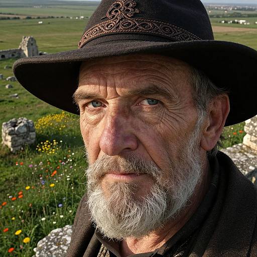 Close-up photograph of an elderly white man with a white beard, wearing a black hat with intricate embroidery, standing in a sunlit meadow with colorful