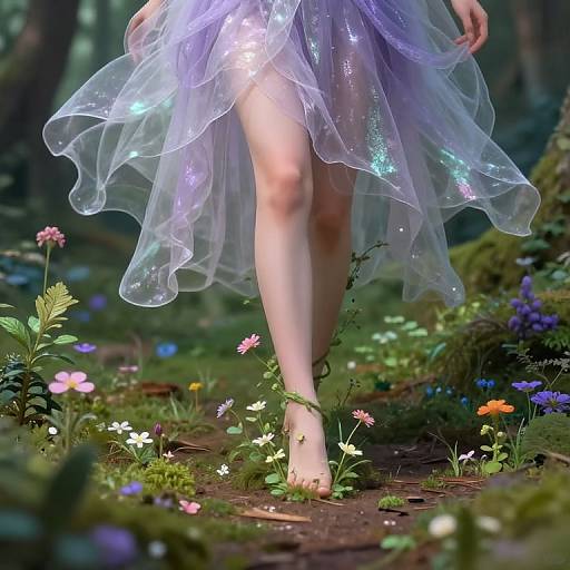 Fairy-like figure in a glowing, iridescent tulle skirt, barefoot, walking through a magical forest with vibrant flowers and greenery.