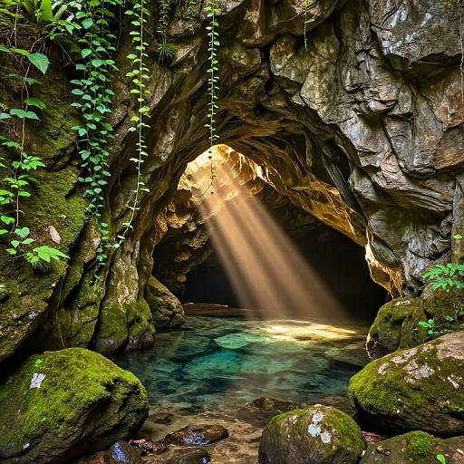 Photograph of a moss-covered cave entrance with sunlight streaming in, illuminating the crystal-clear water and surrounding rocks. Green vines hang from the rocky ceiling