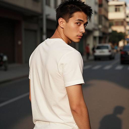 Photograph of a young Asian man with short black hair, wearing a plain white t-shirt, looking over his shoulder on a sunlit urban street.