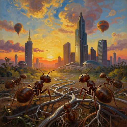 Digital painting of a surreal sunset over a futuristic cityscape, featuring giant ants on tangled wires, colorful hot air balloons, and towering skyscrapers.