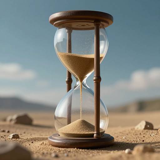 Photograph of a wooden hourglass on sandy desert ground, with clear glass showing sand flowing from top to bottom. Bright blue sky and blurred mountains in