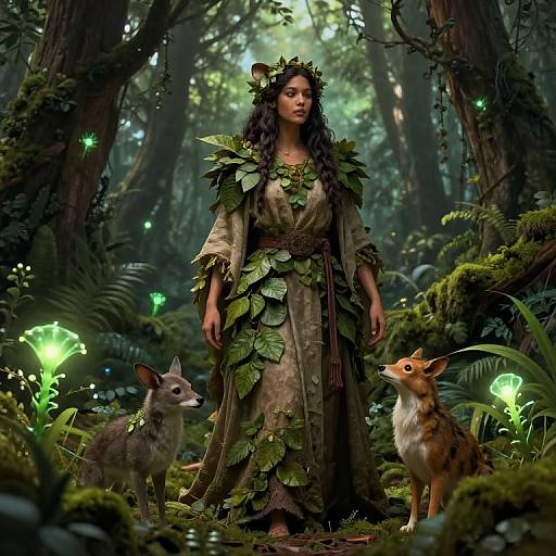 Fantasy forest scene: a dark-haired woman in leafy green dress stands centered, flanked by two mythical creatures, surrounded by glowing mushrooms and towering