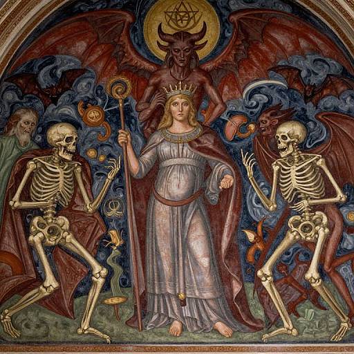 Medieval-style painting of a crowned pregnant woman in white gown, flanked by skeletal figures, with a horned demon behind her. Dark, cloudy