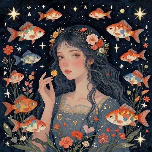 Digital art: Beautiful young woman with long, wavy blue hair, wearing a flower crown and blue dress, surrounded by vibrant orange and blue goldfish