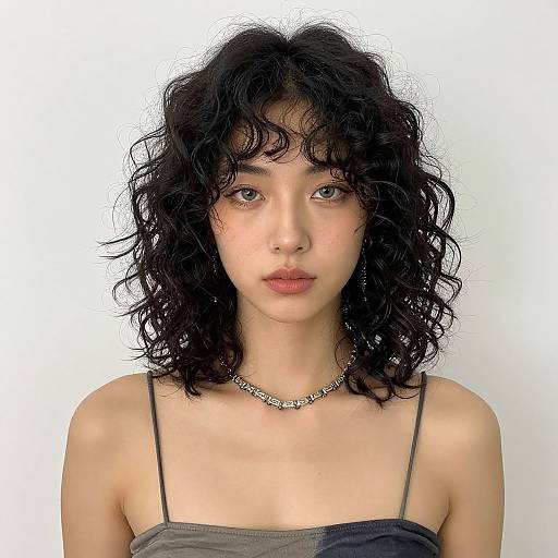Photograph of a young woman with curly black hair, fair skin, wearing a gray spaghetti strap top and silver chain necklace, against a plain white background