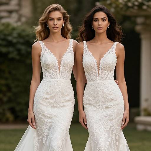 Photograph of two women standing side by side in white, lace, deep V-neck, form-fitting wedding dresses, outdoors with greenery background.