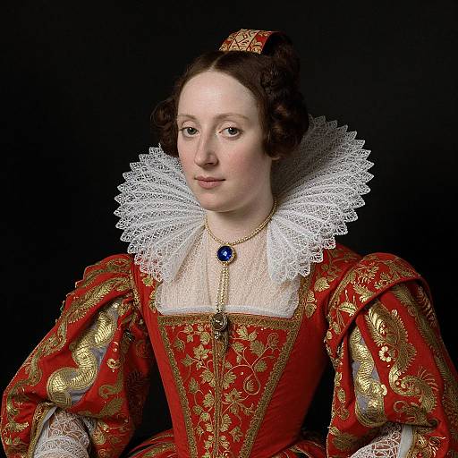 17th-century portrait of a fair-skinned woman in an ornate red and gold dress with white lace collar, blue gemstone necklace, dark hair
