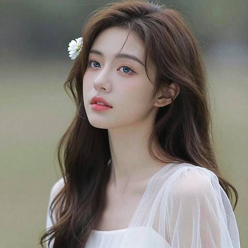 Photograph of a young East Asian woman with long brown hair, blue eyes, and fair skin, wearing a white, sheer dress with a small white