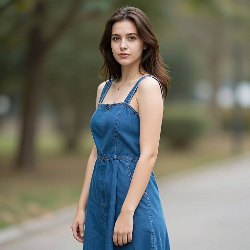 Photograph of a young woman with long brown hair, wearing a blue sundress, standing on a blurred park pathway with trees.