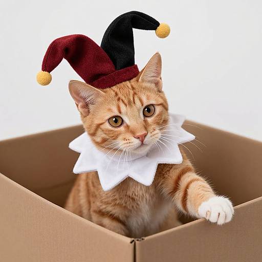 Photograph of an orange tabby kitten with a black and red jester hat, white ruffled collar, and one paw in a brown cardboard box