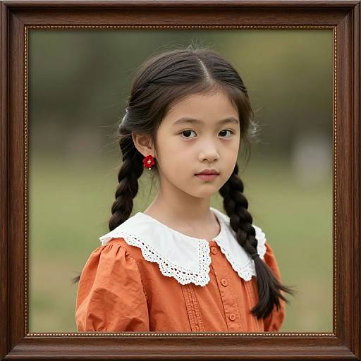 Photograph of an Asian girl with black braided hair, wearing an orange dress with a white lace collar, red earrings, framed in a wooden frame