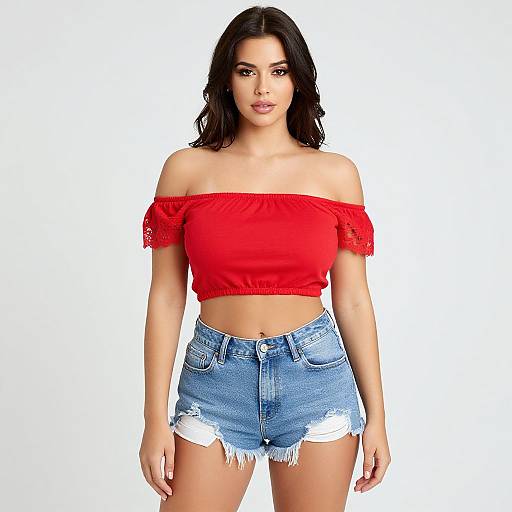 Photograph of a young woman with long dark hair, wearing a red off-shoulder crop top and distressed blue denim shorts, standing against a plain