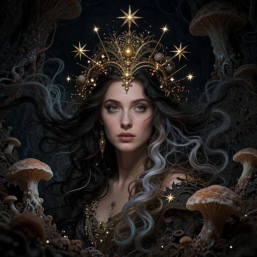 Digital art: Ethereal woman with flowing silver hair, wearing a golden star-studded crown, surrounded by mushrooms in a dark, mystical forest.