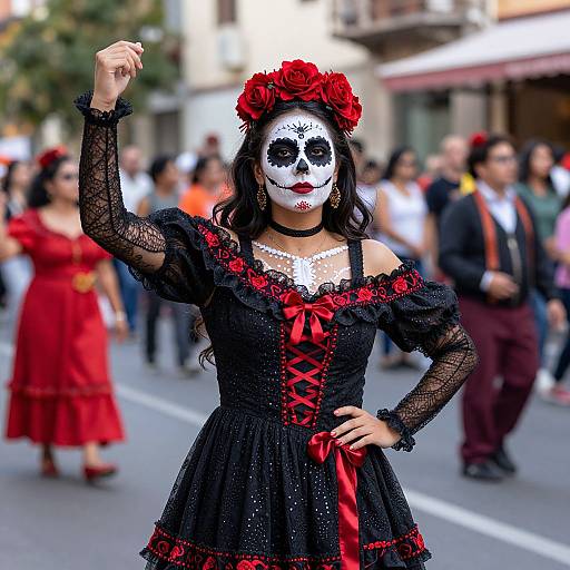 Photograph of a woman in black lace dress with red ribbons, white face mask, and red flower crown, raising her arm on a busy street