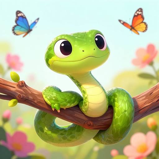 Cute, green cartoon lizard with big eyes perched on a branch, surrounded by colorful butterflies and blurred pink flowers in bright sunlight. Digital illustration.