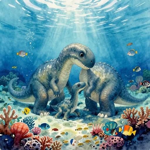 Digital illustration of three cute, blue-scaled, baby dinosaurs with large eyes, standing in a vibrant underwater coral reef, surrounded by colorful fish and sunlight