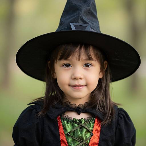 Photograph of an Asian girl with dark brown hair and fair skin, wearing a black witch hat, black lace choker, green corset, and