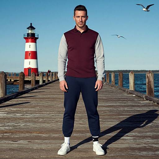 Photograph of a muscular man with short brown hair, wearing a black and white long-sleeve shirt, black pants, and white sneakers, standing
