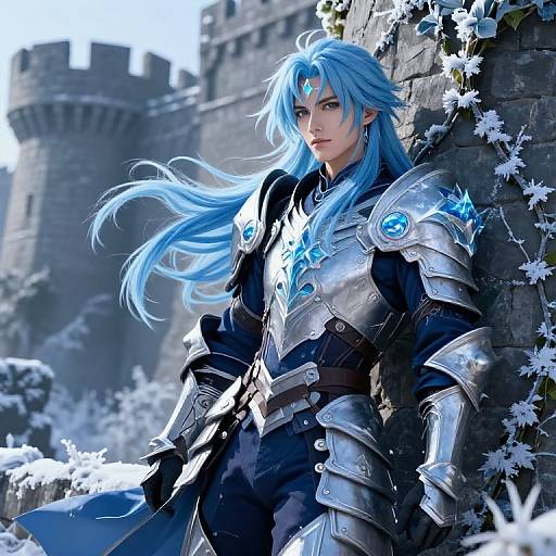Digital art of a blue-haired, armored knight with glowing blue accents, leaning against a snow-covered stone wall, castle in background.