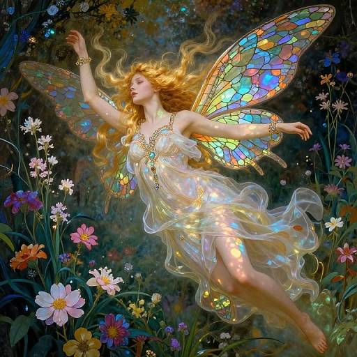 Digital artwork of a glowing fairy with rainbow-tinted wings, flowing golden hair, and translucent dress, floating amidst colorful flowers in a magical forest.