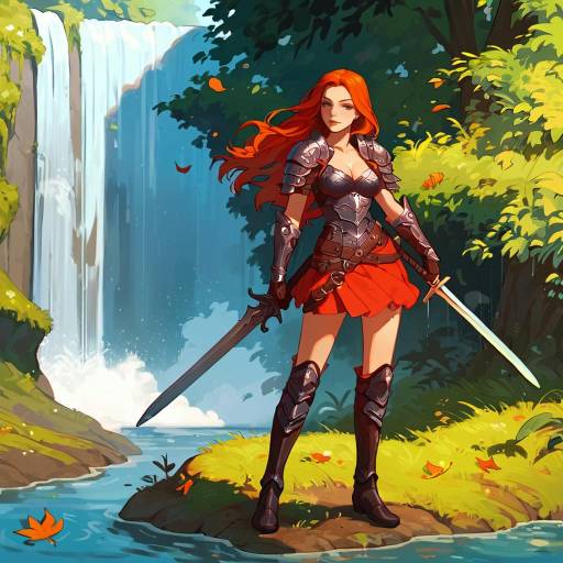 Fantasy Warrior Girl at Waterfall