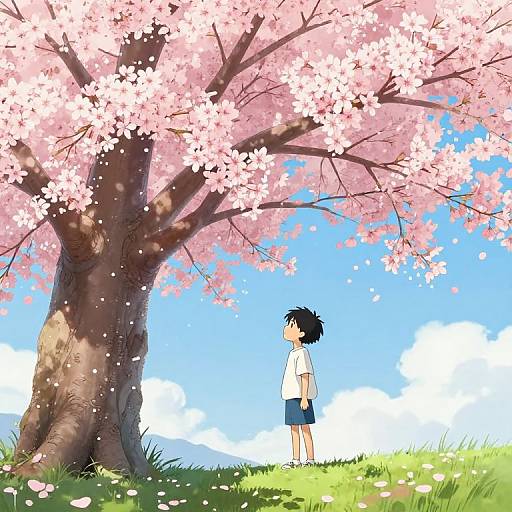 Anime-style illustration of a young boy with black hair, white shirt, and blue shorts standing under a blooming pink cherry tree against a bright blue sky
