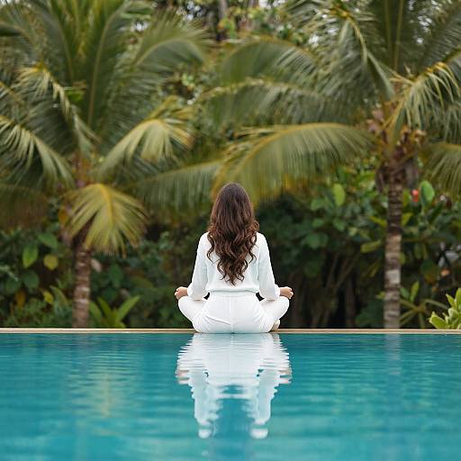 Photograph of a woman with long dark hair in a white shirt, sitting cross-legged in a serene, reflective blue pool, surrounded by lush tropical palm