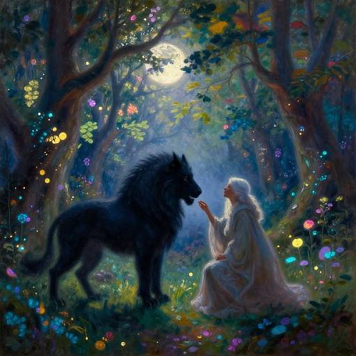 Digital painting of a mystical forest at night, featuring a silhouetted black wolf and a glowing white-robed figure, surrounded by colorful fireflies
