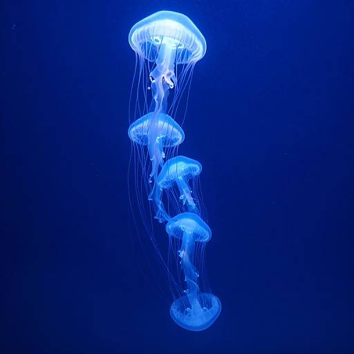 Photograph of a glowing blue jellyfish with translucent, umbrella-shaped bell and trailing tentacles, floating gracefully in a dark blue underwater background.