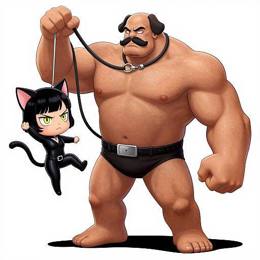 Cartoon-style drawing of a muscular, mustached man in black briefs holding a leash attached to a small, black-cat-eared, yellow-eyed