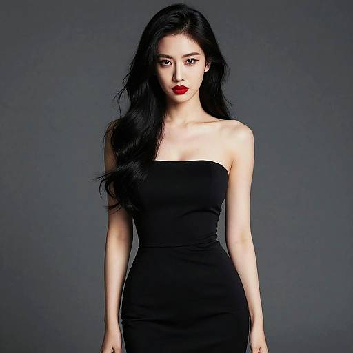 Photograph of an Asian woman with long black hair, wearing a strapless black dress, red lipstick, and standing against a dark gray background.