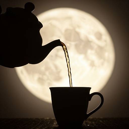 Silhouetted photograph of a teapot pouring into a cup against a bright full moon in the dark sky.