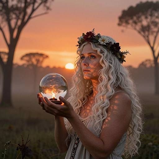 Photograph of a white woman with long, curly platinum blonde hair, wearing a floral crown, holding a glowing glass orb at sunset in a misty
