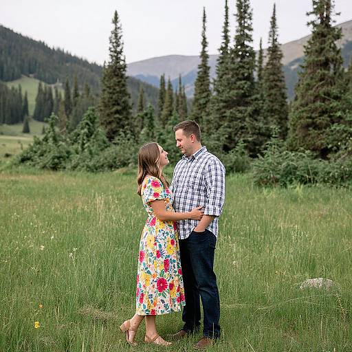 Photograph of a couple standing in a grassy meadow, embracing; woman in colorful floral dress, man in checkered shirt, pine trees and