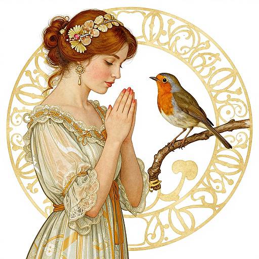 Digital painting of a fair-skinned woman with red hair, wearing a floral headband and lace dress, praying before a perched robin on a branch